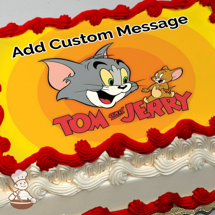 Cartoon image of Tom and Jerry with their names in bold red letters. They are on an orange and yellow gradient background. Printed on a sheet cake.