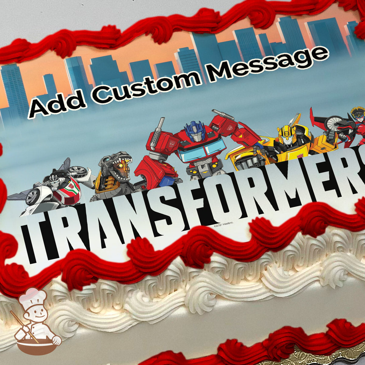 Cartoon Transformers characters, including Optimus Prime and Bumblebee, stand in front of a city skyline. Image printed on a sheet cake.