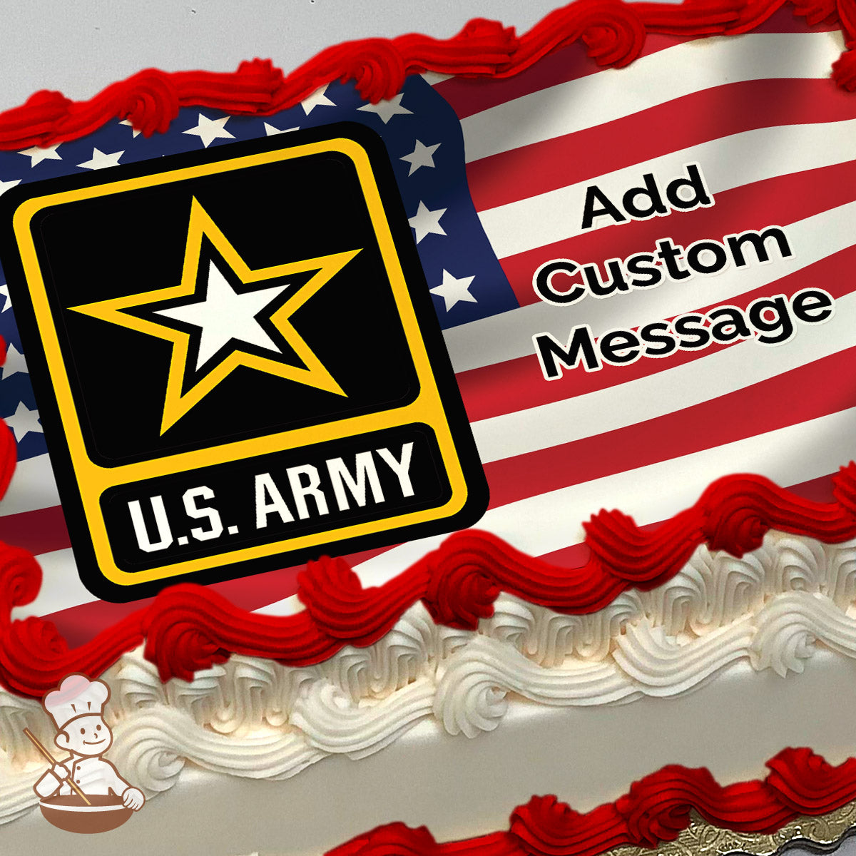U.S. Army logo with a yellow star on a black background, set against an American flag design. Printed on a photo sheet cake.