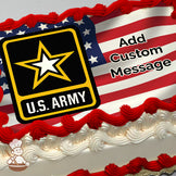 U.S. Army logo with a yellow star on a black background, set against an American flag design. Printed on a photo sheet cake.