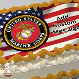 United States Marine Corps emblem on a red, white, and blue American flag background, printed on a photo sheet cake.