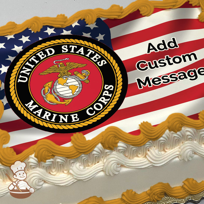 United States Marine Corps emblem on a red, white, and blue American flag background, printed on a photo sheet cake.