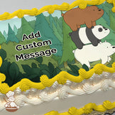 Three cartoon bears stacked on top of each other in a forest setting with trees and bushes in the background, printed on a photo sheet cake.