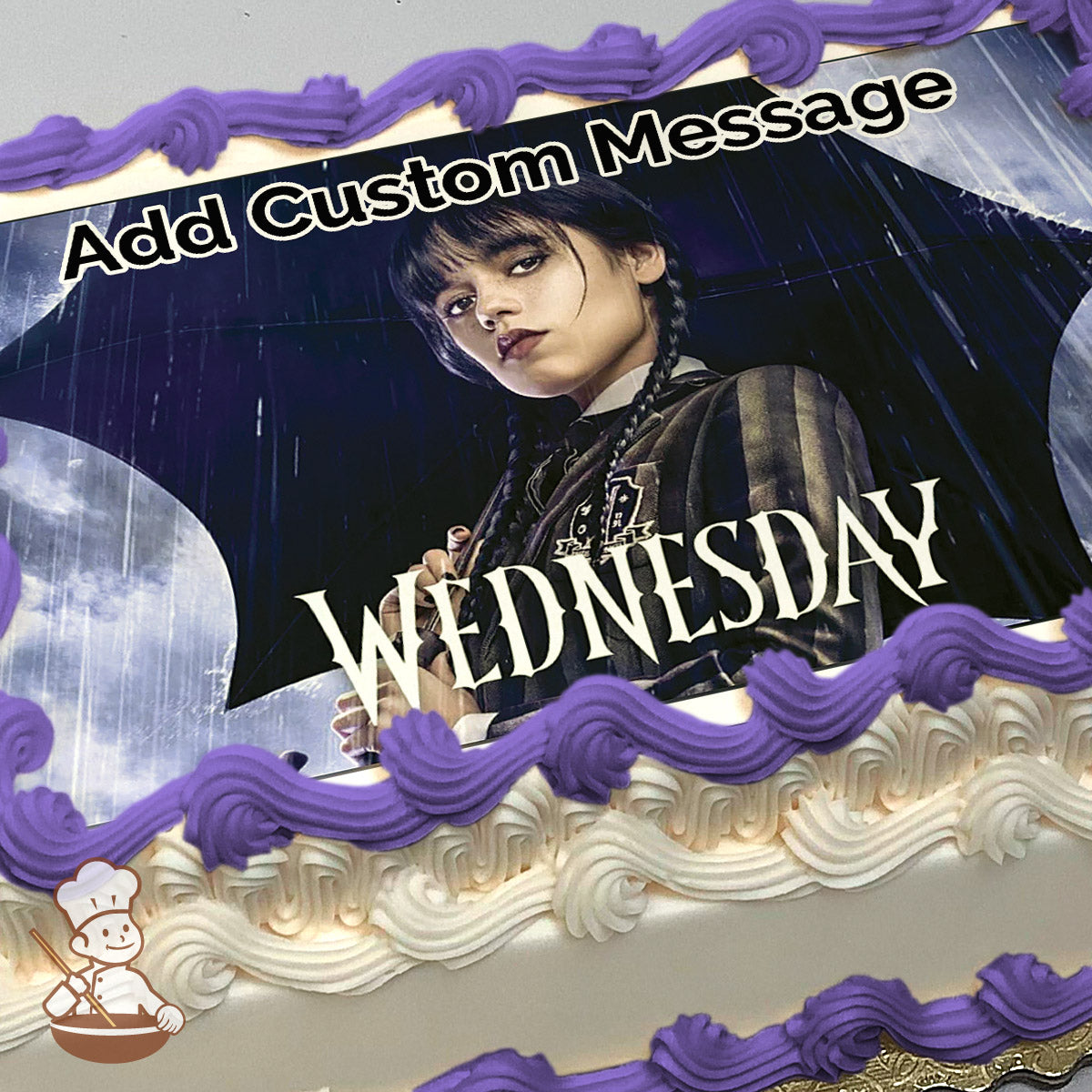 A dark illustration of a girl with braided hair holding a black umbrella under rain, with a full moon in the background. Printed on a sheet cake.