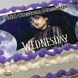 A dark illustration of a girl with braided hair holding a black umbrella under rain, with a full moon in the background. Printed on a sheet cake.