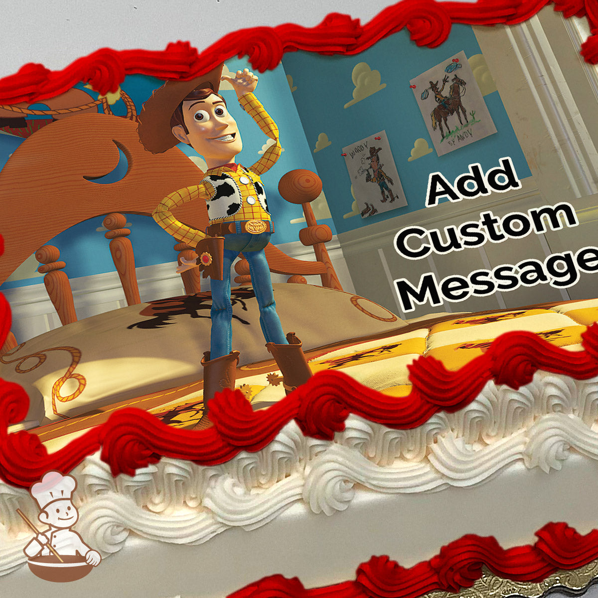 Cartoon of a cowboy character standing confidently on a bed in a child's room with blue walls and cloud patterns. Printed on a sheet cake.