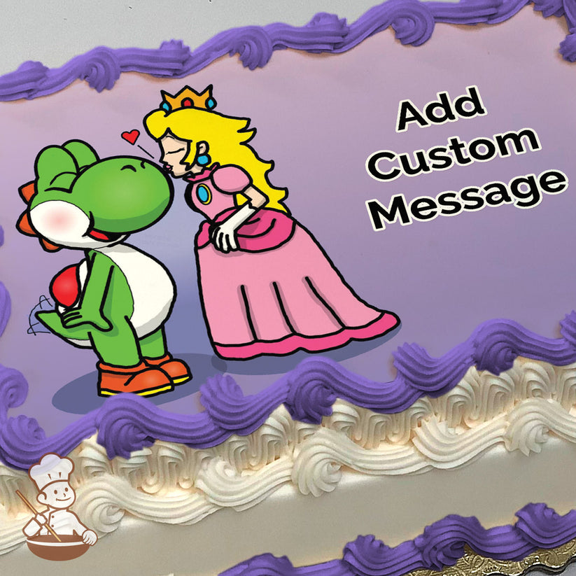 Cartoon of Princess Peach kissing Yoshi on the cheek with a small red heart above them. The background is a gradient of light purple. Printed on a sheet cake.
