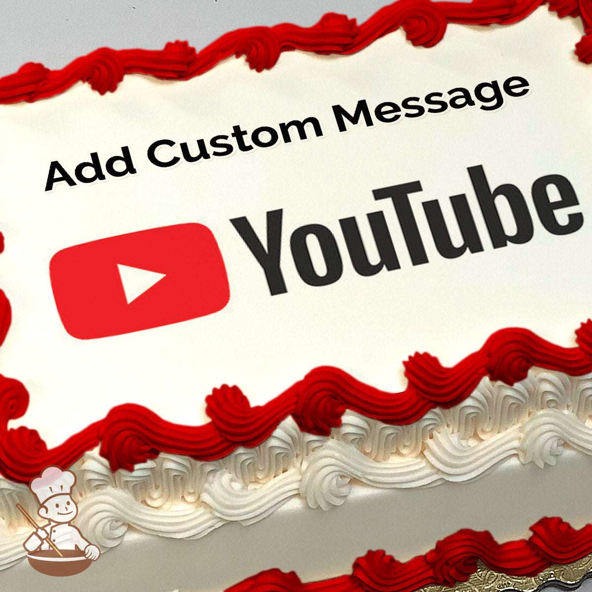 The image printed on the sheet cake features the YouTube logo, with a red play button icon and the word "YouTube" in bold black text on a white background.
