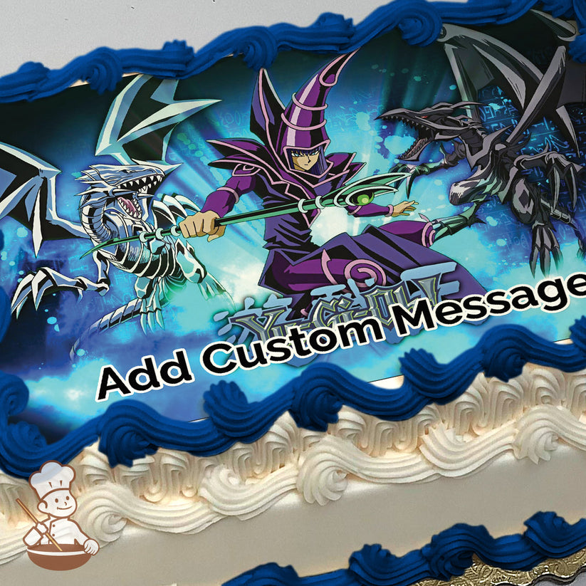A cartoon illustration of a purple-robed wizard holding a staff, flanked by two dragon-like creatures, set against a glowing blue background. Printed on a sheet cake.