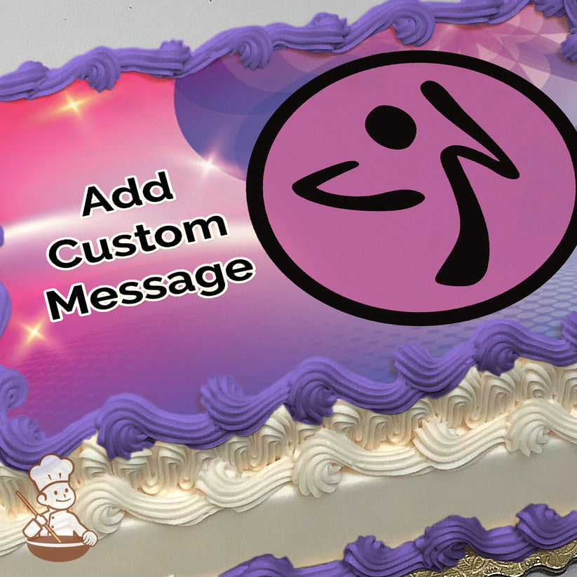 A stylized black silhouette of a dancing figure inside a pink circle on a gradient background of pink, purple, and blue hues with light flares, printed on a photo sheet cake.