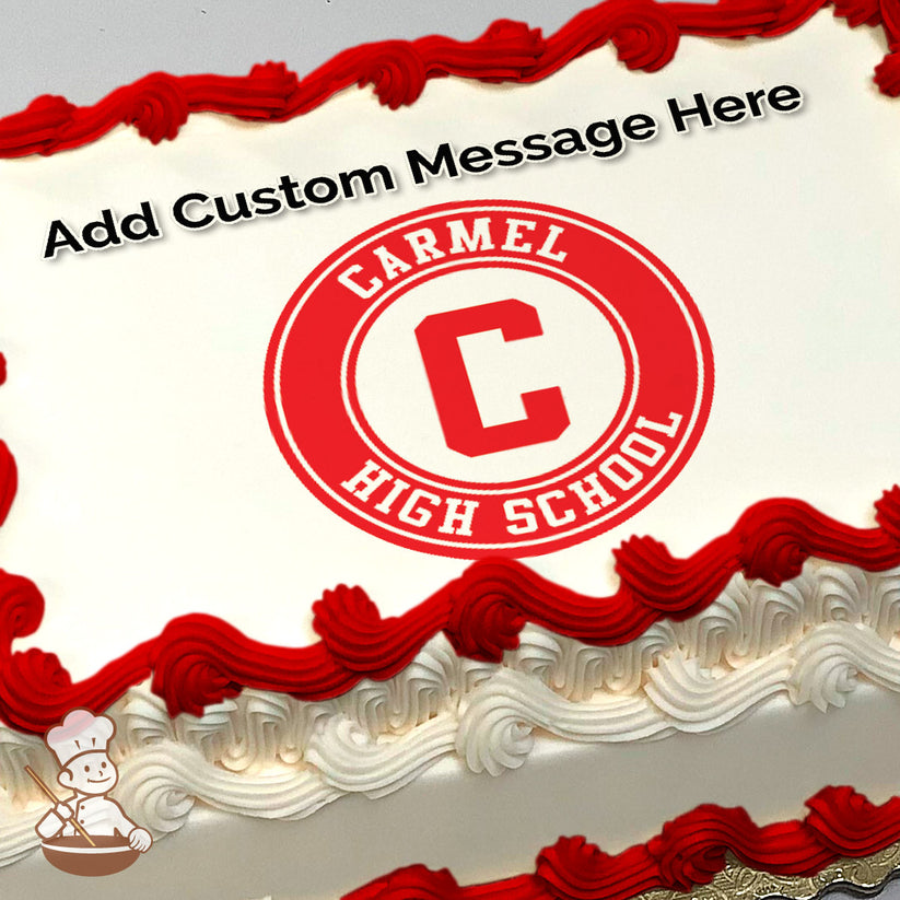 Red and white Carmel High School logo with a large "C" in the center, printed on a photo sheet cake.