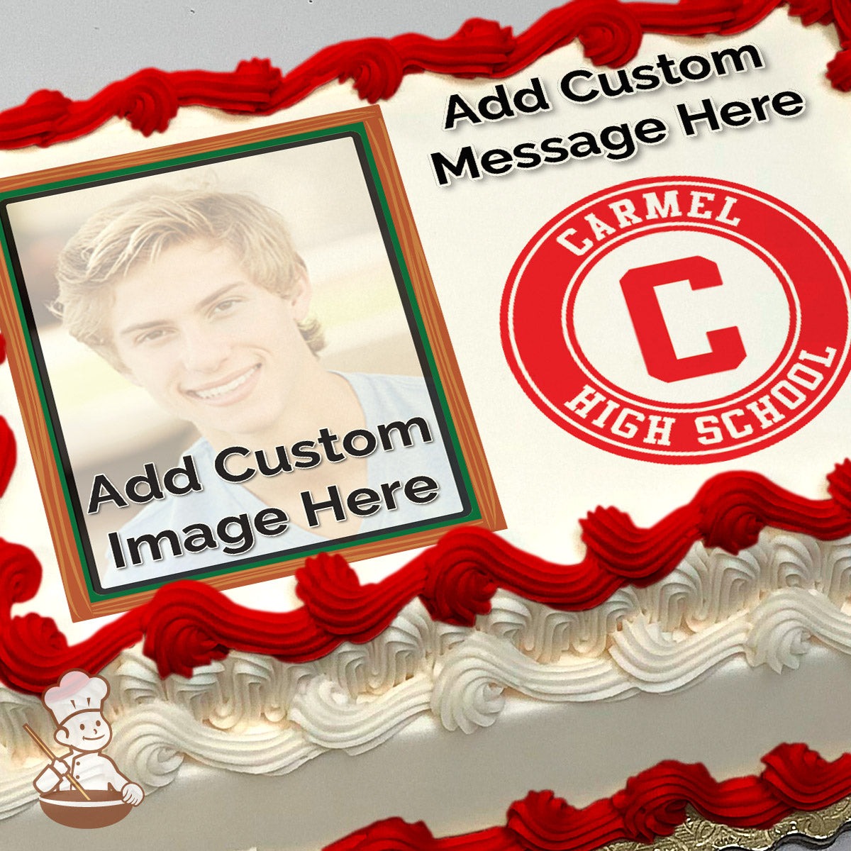 Portrait of a smiling young person with short hair, framed in a green and brown border. Background is a blurred light color. Printed on a photo sheet cake.
