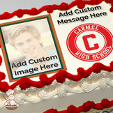 Portrait of a smiling young person with short hair, framed in a green and brown border. Background is a blurred light color. Printed on a photo sheet cake.