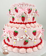 Two-tier pink cake with strawberry decorations, white and red icing swirls, pink bows, and small white flowers on a white board.
