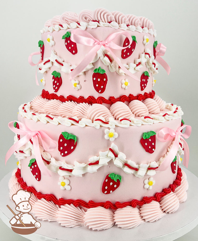 Two-tier pink cake with strawberry decorations, white and red icing swirls, pink bows, and small white flowers on a white board.