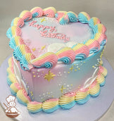 Heart-shaped pastel cake with pink, blue, and yellow swirled frosting borders. Decorated with stars, dots, and "happy birthday" written in pink icing.