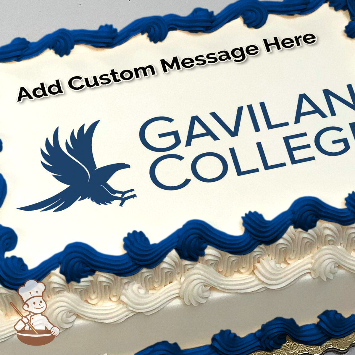 A blue silhouette of a flying bird next to the text "GAVILAN COLLEGE" on a white background, printed on a photo sheet cake.