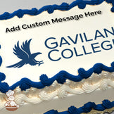A blue silhouette of a flying bird next to the text "GAVILAN COLLEGE" on a white background, printed on a photo sheet cake.