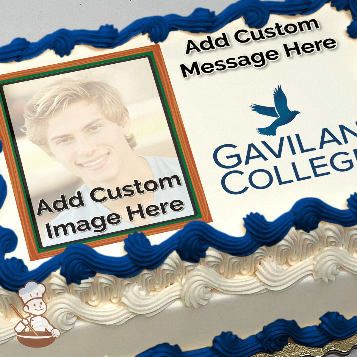 A placeholder image of a person with text reading "Add Custom Image Here" next to the Gavilan College logo featuring a blue bird, printed on a photo sheet cake.