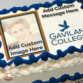 A placeholder image of a person with text reading "Add Custom Image Here" next to the Gavilan College logo featuring a blue bird, printed on a photo sheet cake.