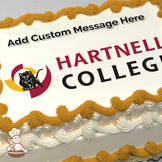 Hartnell College logo with a black panther inside a red and yellow circular design, printed on a photo sheet cake.