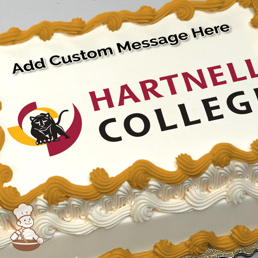 Hartnell College logo with a black panther inside a red and yellow circular design, printed on a photo sheet cake.