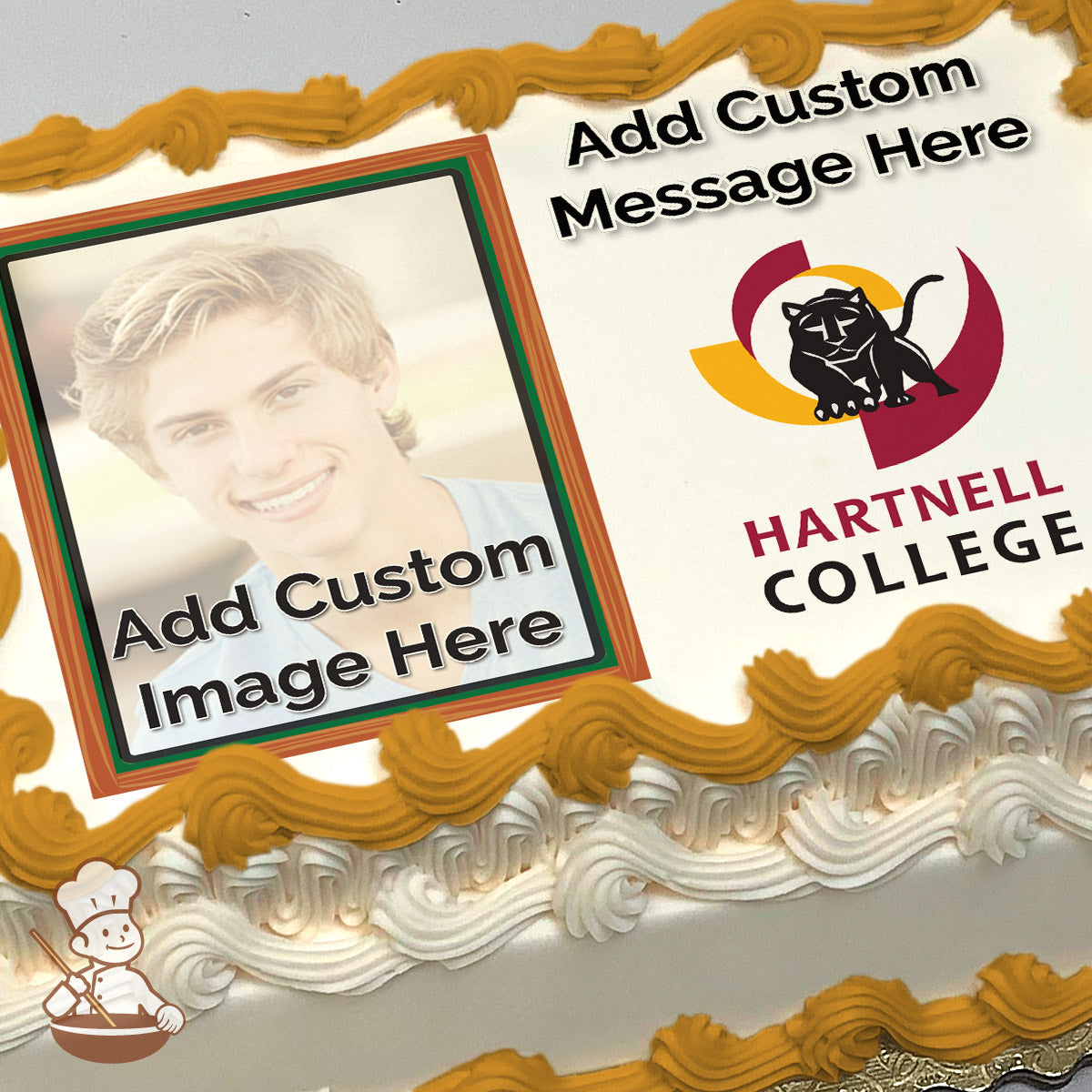 A placeholder image of a person with text reading "Add Custom Image Here" next to the Hartnell College logo featuring a black panther. Printed on a photo sheet cake.