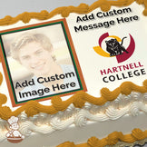 A placeholder image of a person with text reading "Add Custom Image Here" next to the Hartnell College logo featuring a black panther. Printed on a photo sheet cake.