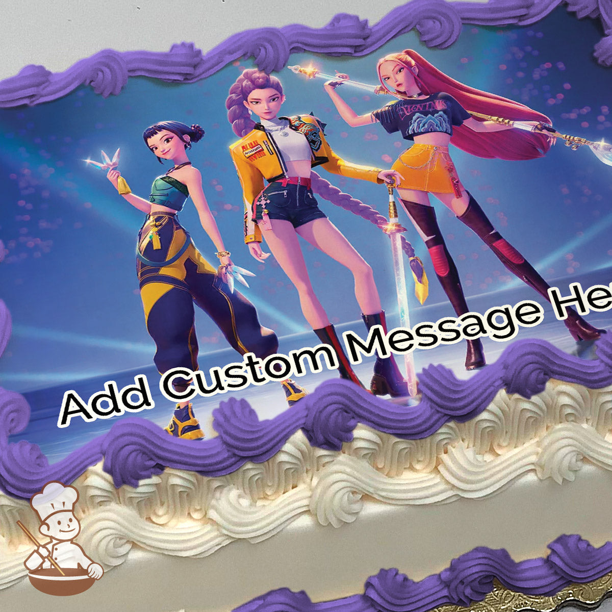 Three animated female characters in vibrant outfits holding glowing weapons, standing confidently on a stage with a blue and purple spotlight background. Printed on a sheet cake.
