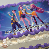 Three animated female characters in vibrant outfits holding glowing weapons, standing confidently on a stage with a blue and purple spotlight background. Printed on a sheet cake.