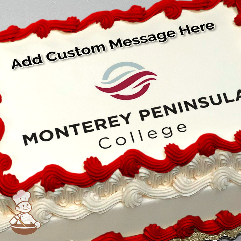 Monterey Peninsula College logo with a wave design in maroon and teal on a white background, printed on a photo sheet cake.