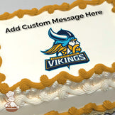 Illustration of a Viking with a blue helmet and yellow beard, accompanied by the text "Marina High School Vikings" on a white background, printed on a sheet cake.