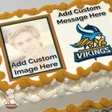 A photo sheet cake with a printed image placeholder for a custom photo, alongside a Marina High School Vikings logo featuring a blue and yellow Viking head.