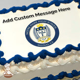 Notre Dame High School crest featuring a cross, stars, and laurel leaves on a blue circular background, printed on a photo sheet cake.