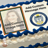 A photo sheet cake with a placeholder image of a person, text reading "Add Custom Image Here," and the Notre Dame High School Salinas, CA logo printed on top.