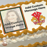 A placeholder image of a smiling woman with text "Add Custom Image Here" on a sheet cake. The background is plain with a logo and space for a message. Printed on a cake.