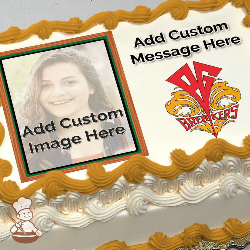 A placeholder image of a smiling woman with text "Add Custom Image Here" on a sheet cake. The background is plain with a logo and space for a message. Printed on a cake.