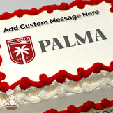 A red and white shield logo with a palm tree and "1951" next to the word "PALMA" in bold gray text, printed on a photo sheet cake.