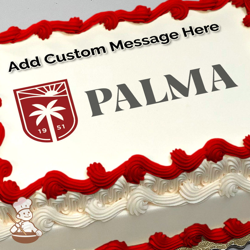 A red and white shield logo with a palm tree and "1951" next to the word "PALMA" in bold gray text, printed on a photo sheet cake.