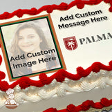 A placeholder image with text reading "Add Custom Image Here" over a blurred photo of a person. The background is white with a red and white logo. Printed on a sheet cake.