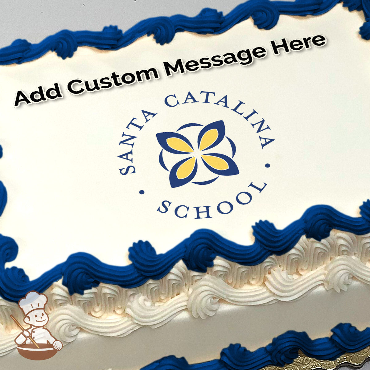 Santa Catalina School logo featuring a blue and yellow floral design on a white background, printed on a photo sheet cake.