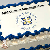 Santa Catalina School logo featuring a blue and yellow floral design on a white background, printed on a photo sheet cake.