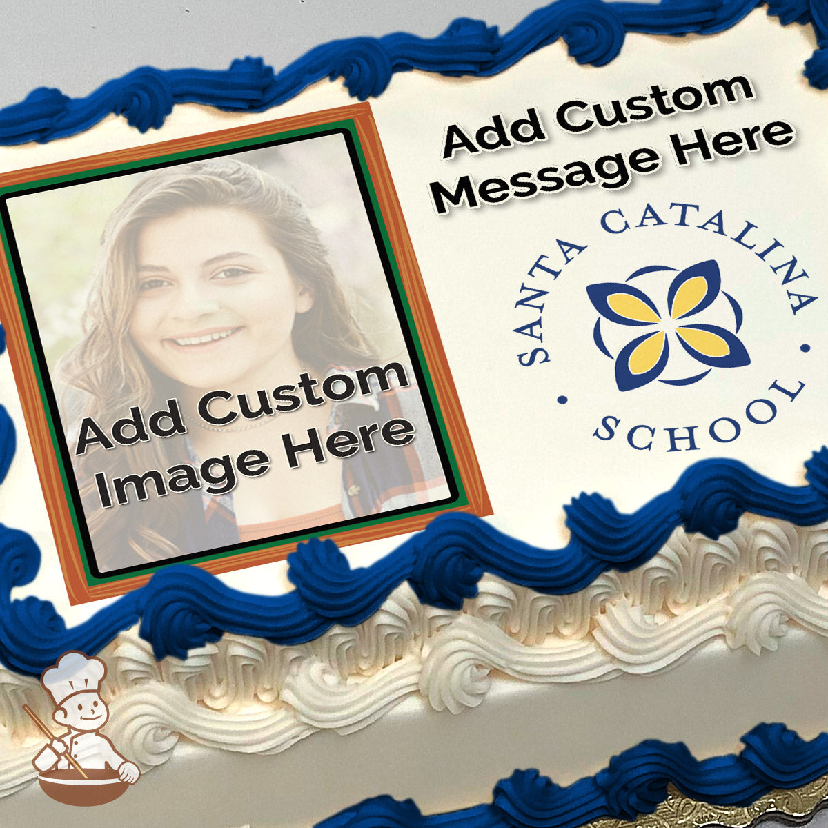 A placeholder image of a person with long hair and a blurred face, framed in a bordered box. To the right, the Santa Catalina School logo is displayed on a white background. Printed on a photo sheet cake.