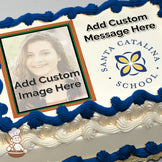 A placeholder image of a person with long hair and a blurred face, framed in a bordered box. To the right, the Santa Catalina School logo is displayed on a white background. Printed on a photo sheet cake.