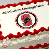 Seaside High School logo featuring a red and black Spartan helmet inside a circular design with text on a white background, printed on a photo sheet cake.