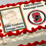 A placeholder image of a person with text reading "Add Custom Image Here" next to a Seaside High School logo featuring a red Spartan helmet. Printed on a photo sheet cake.