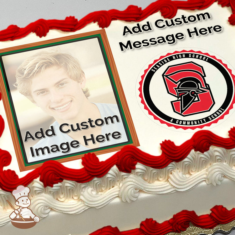 A placeholder image of a person with text reading "Add Custom Image Here" next to a Seaside High School logo featuring a red Spartan helmet. Printed on a photo sheet cake.