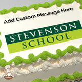 "Text logo reading 'Stevenson School' in white and green on a green and yellow background, printed on a photo sheet cake."