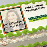 A placeholder image of a person with long hair, framed in a wooden border, next to the text "Stevenson School" on a white background, printed on a photo sheet cake.