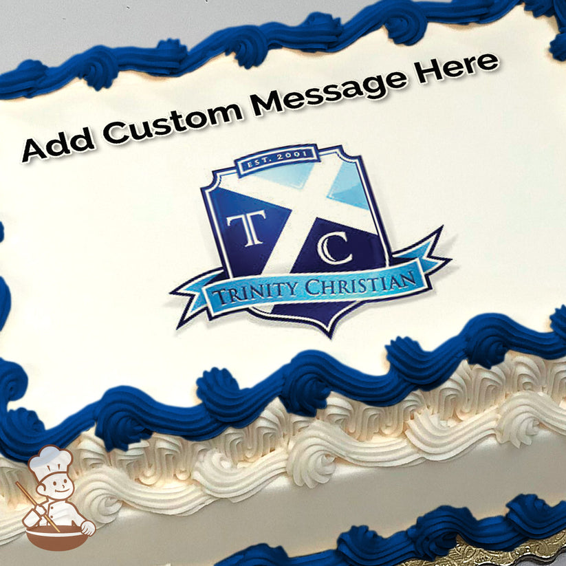 A shield-shaped logo with a cross, "TC," and "Trinity Christian" text on a white background, printed on a photo sheet cake.